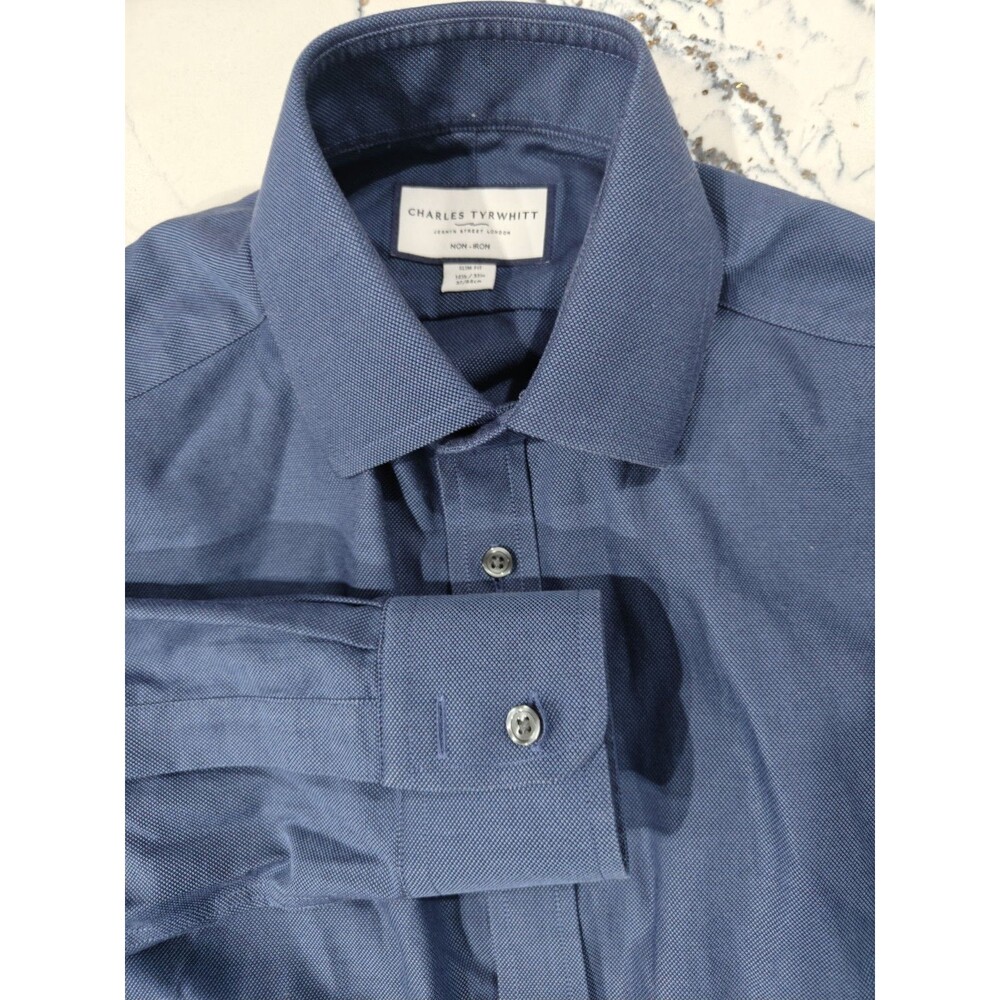 Charles Tyrwhitt Men's Blue Non-Iron Rugged Slim Fit Dress Shirt Size 14.5 X 33